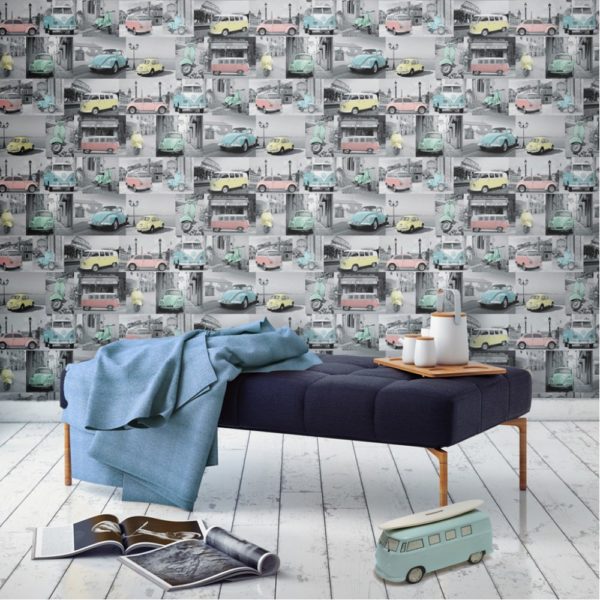 Vw Volkswagen Collage Wallpaper – Pastel – 102563 Muriva